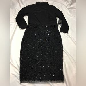 Adrianna Papell Mock Neck 3/4 Sleeve Beaded Dress